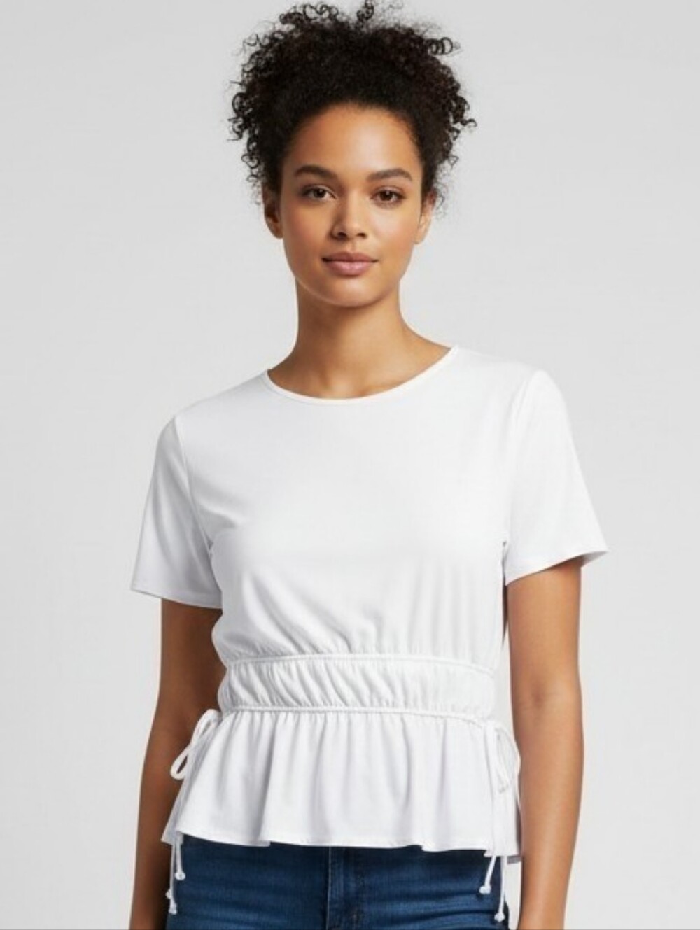 Express White Short Sleeve Peplum Tee with Side Drawstring